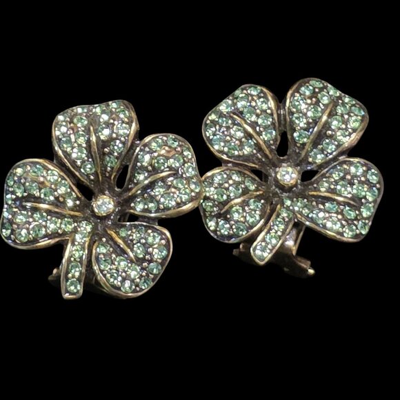 Heidi Daus Clover Clip-On Earrings W/ Crystal Accents Gold Tone Green & Clear Rh - Picture 2 of 6